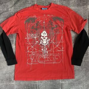 Men's Vintage Y2K Wckd Skull Dragon Red Black Thermal Long Sleeve Shirt Sz XL